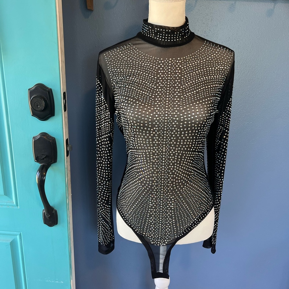 Black Sheer Rhinestone Bodysuit